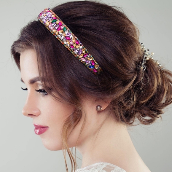 Colorful Rhinestone Headband Jewelled Headpiece Hair Crown - Picture 3 of 6